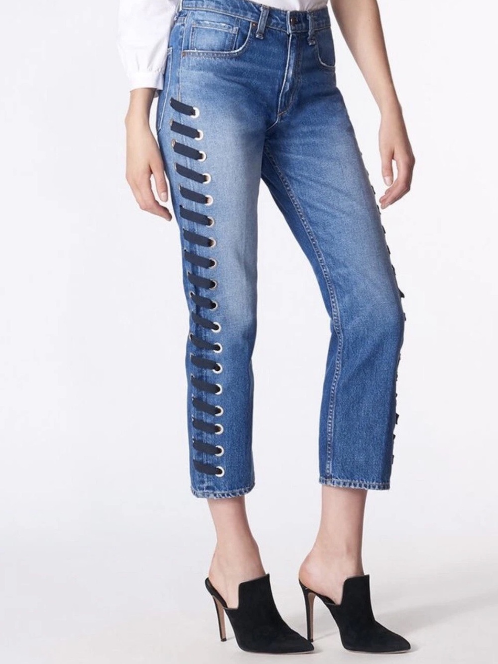 Veronica Beard Jeans Girlfriend Lace Up High 100% Wash Stone Blue Cotton Sz 28